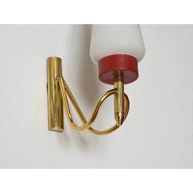 Metal Sconces in Brass, Opal Glass and Red Metal attributed to Oscar Torlasco, Italy, 1950s, Set of 2 For Sale - Image 7 of 14