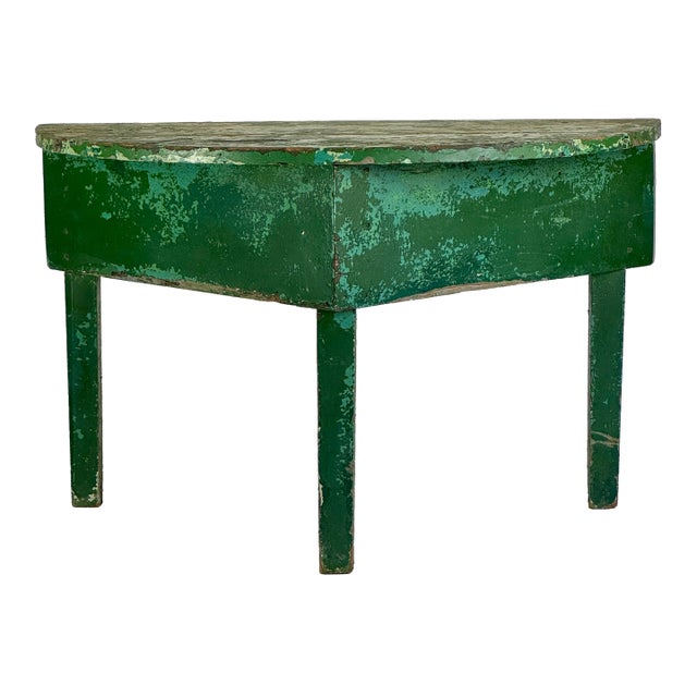 Early 20th Century Demilune Shaped Hand Constructed Wooden Accent Table in Naturally Distressed Avocado Green For Sale