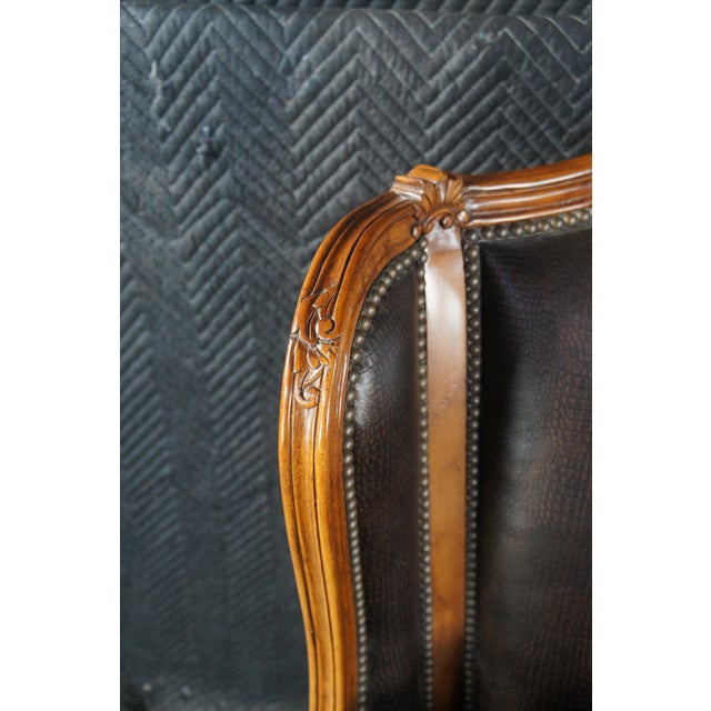 Black Late 20th Century Thomasville French Louis XV Wingback Bergere Faux Alligator Leather Armchair For Sale - Image 8 of 13