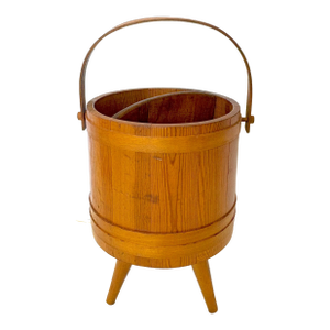 Mid Century Primitive Natural Oak Wooden Firkin Bucket With Handle