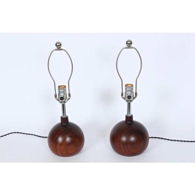 1970's Solid Staved Deep Teak "Onion" Table Lamps - A Pair For Sale - Image 10 of 13
