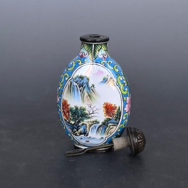 Copper Enamel Landscape Snuff Bottle, Hand Painted Famille Rose Scene For Sale - Image 9 of 9