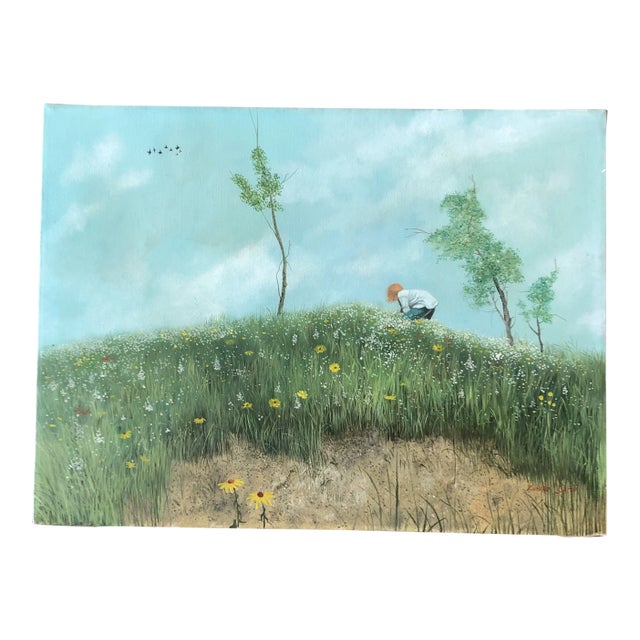 Original Vintage Richard Smith Landscape Painting With Girl in Dailey Field For Sale