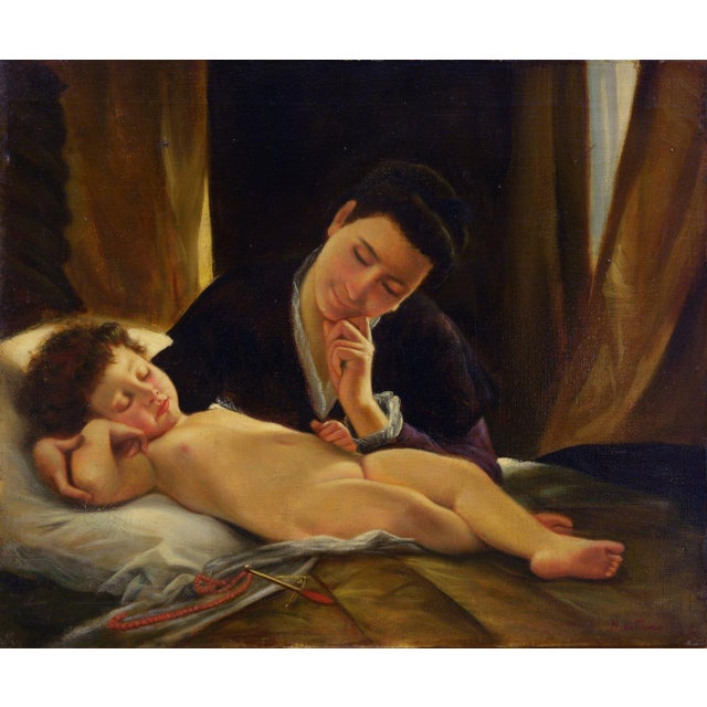 This refined oil on canvas by Italian painter Nicola De Marco beautifully captures a quiet moment of maternal affection...