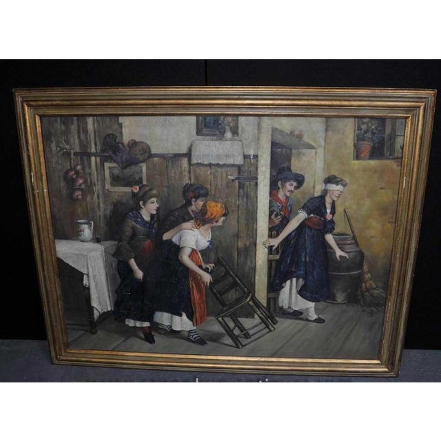 Gorgeous Spanish oil painting depicting some scene from rustic life - I am not sure if it represents some game, or perhaps...