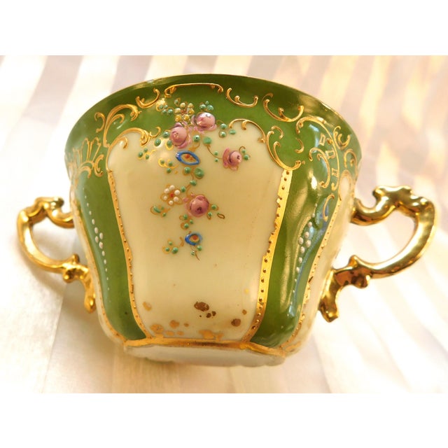 1930s Dresden Covered Two Handle Dessert Cup and Underplate With Raised Gold Trim For Sale - Image 13 of 18
