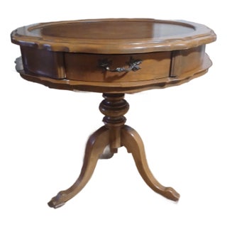 1940s Vintage Pedestal Drum Table With Scalloped Edges For Sale