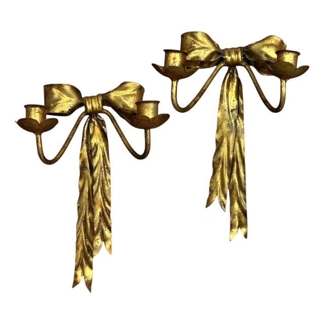 Vintage Italian Gilt Tole Gold Bow Wall Sconces / Candle Holders, a Pair For Sale