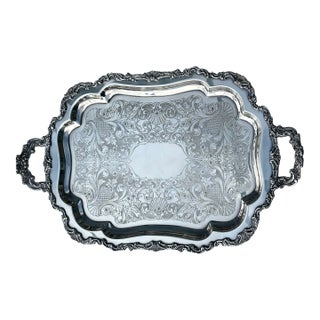 Vintage Oversized Footed Silverplate Butler Waiter Tray With Handles 30.5” Palm Beach Regency Tea Service Bar Tray For Sale