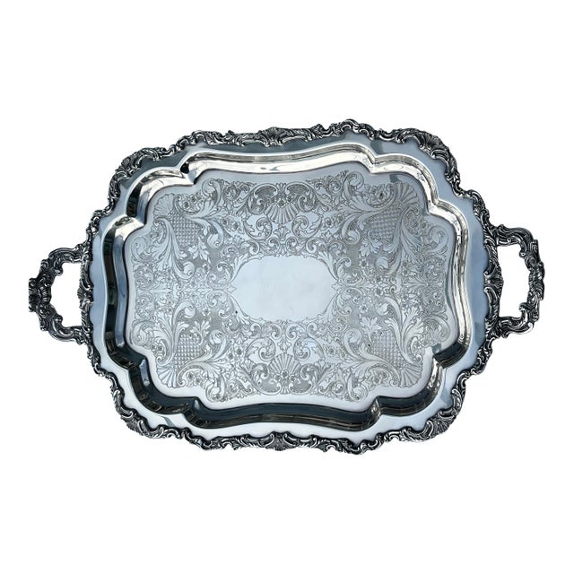 Vintage Oversized Footed Silverplate Butler Waiter Tray With Handles 30.5” Palm Beach Regency Tea Service Bar Tray For Sale