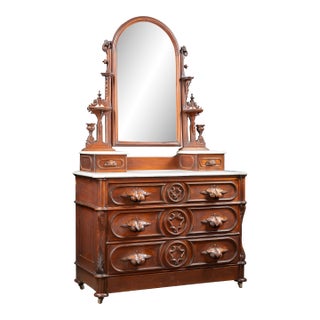 Antique American Victorian Walnut Marble-Top Dresser With Mirror For Sale
