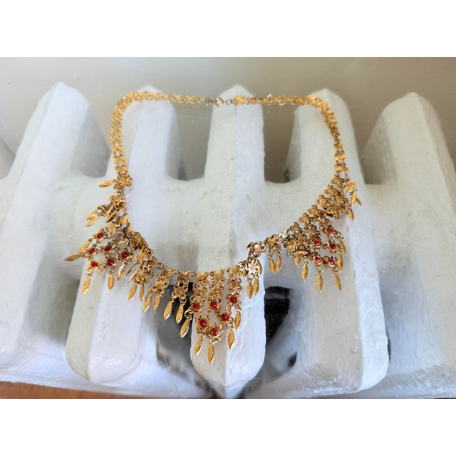 1960s Vintage 1960s Gold Tone Etruscan Revival Fringe Bib Collar Necklace With Faux Coral Dangles For Sale - Image 5 of 10