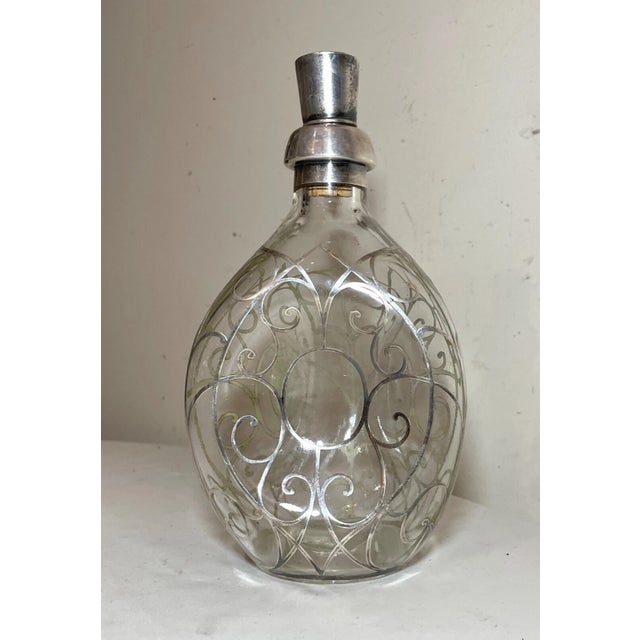 Art Deco Antique Ornate Sterling Silver Overlay Glass Liquor Claret Decanter Bottle Jar For Sale - Image 3 of 12