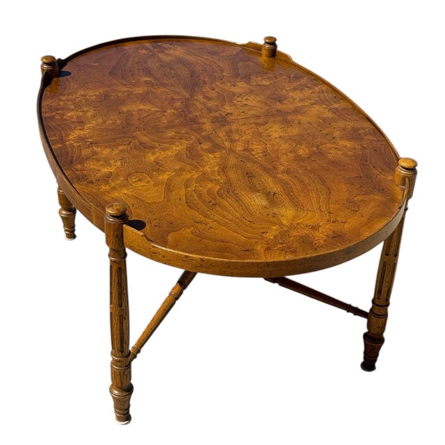 Beautiful fine coffee table in burl walnut by Heritage Width 45.25" Height 22.25" Depth 26"