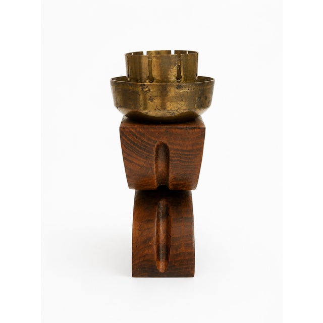Art Deco European Three Flame Hardwood and Heavy Brass Candlestick, 1930s For Sale - Image 4 of 7