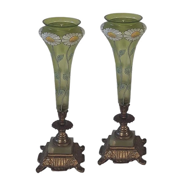 Mid-Century Painted Glass Vases, Set of 2 For Sale