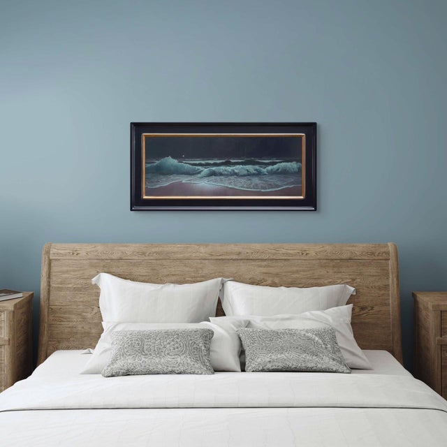 Realism Out Of The Blue by Mark Harrison | Oil on canvas Ocean waves at night with a distant light. For Sale - Image 3 of 5