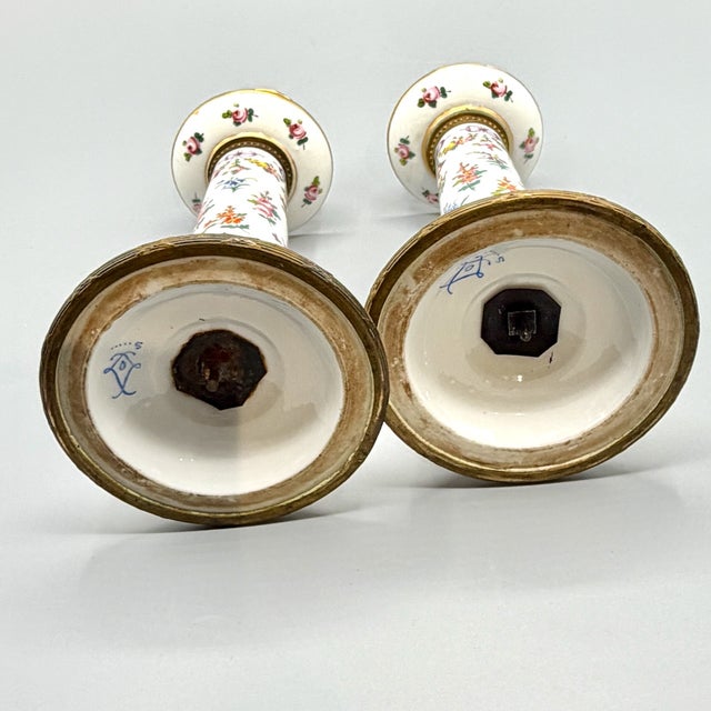 Louis XVI Revival Porcelain Candlesticks with Floral Garlands and Gilt Metal Mounts in the style of Sèvres, 1890s, Set of 2 For Sale - Image 17 of 18