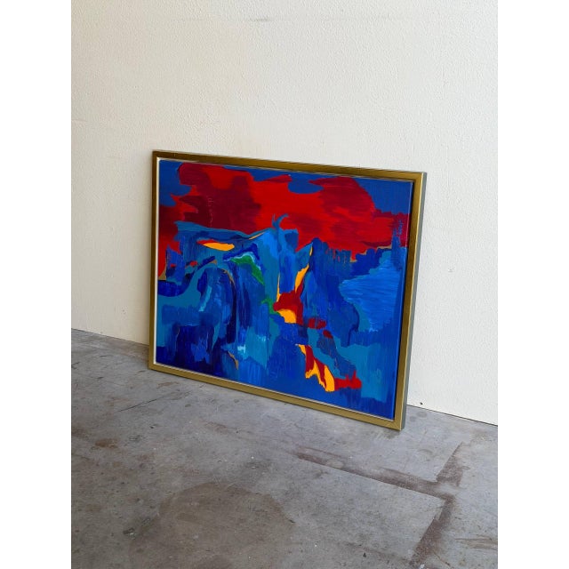 Striking vintage abstract painting by Karen Werliin, titled “Solen Går Ned Over Afrika” (translated: The Sun Sets Over...