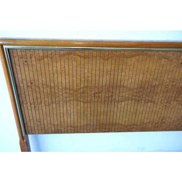 Mid-Century Modern 1980's King Size Drexel Mid-Century /Post Modern Modern Headboard in Burlwood, Solid Oak, and Brass For Sale - Image 3 of 6