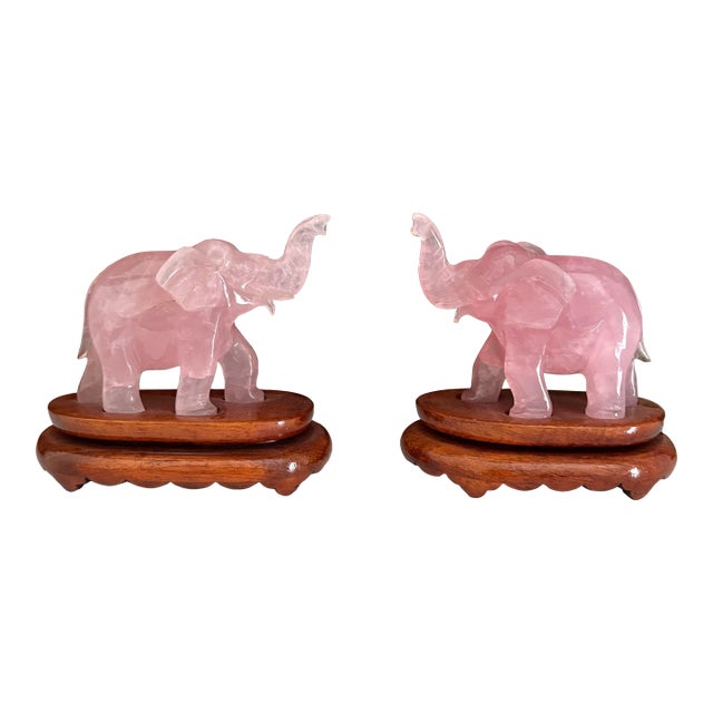 Vintage Rose Quartz Carved Elephants on Stands - A Pair For Sale