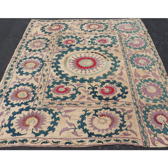 Antique Uzbekistan Suzani Textile With Medallion and Floral Vine Embroidery For Sale In Atlanta - Image 6 of 17