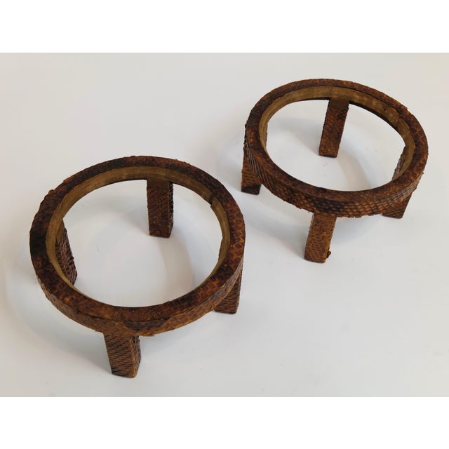 Karl Springer Pair of Vintage Mint Green Ceramic Planters on Wrapped Wood Stands For Sale - Image 4 of 17
