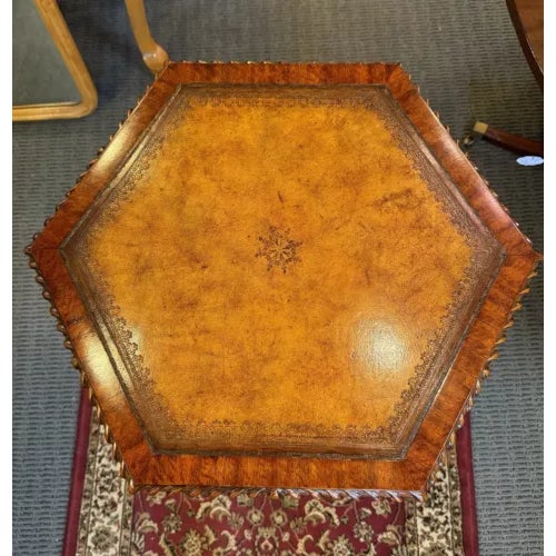 Vintage Maitland Smith Hexagonal Table with Embossed Leather Top and Tripod Feet. Sturdy and sound with only minimal wear....