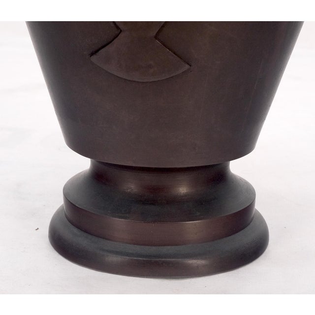 Bronze Early 20th Century Large Brass or Bronze Asian Two Handles Vase Urn Birds Motif Reliefs Clean! For Sale - Image 8 of 12