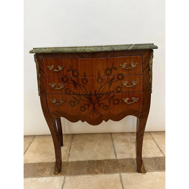 Antique French Bombe style Chest, Small Console Commode, Nightstand, End Table with Gorgeous Green marble top and Brass...