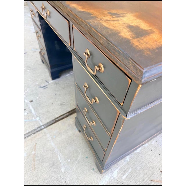 Farmhouse Hand-Refinished Executive Desk With Rich Walnut Top Charcoal Distressed For Sale - Image 3 of 4