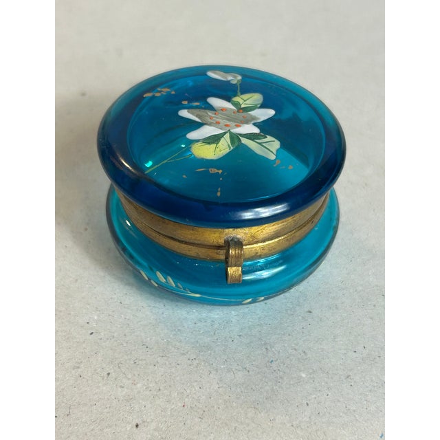 Late 19th Century Antique Victorian Vanity Trinket Box Bohemian Floral Painted Cobalt Blue Glass For Sale - Image 5 of 12
