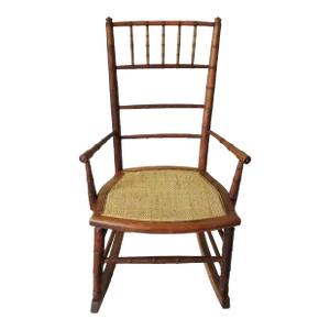 Antique Early 20th Century Rj Horner Faux Bamboo Wood Wicker Seat Child's Rocking Chair