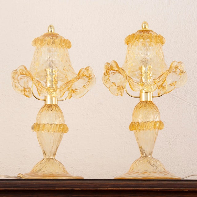 Murano Glass Table Lamps in Amber Color with Golden Elements, Italy, 1990s, Set of 2 For Sale - Image 3 of 10