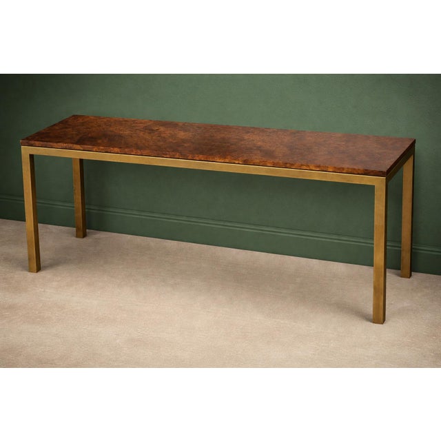Tomlinson 1970s Modern Burl Walnut and Brass Parson’s Style Console Table / Slim Desk For Sale - Image 4 of 7