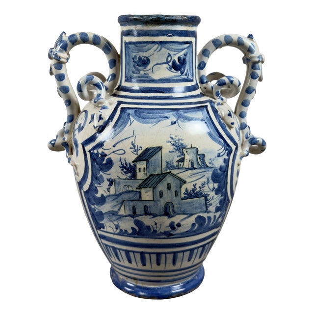 Savona Majolica Amphora Vase with Intertwined Snake Handles, 1700s For Sale