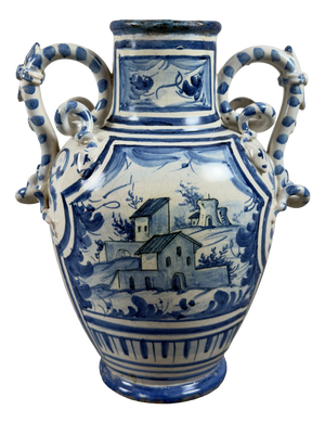 Savona Majolica Amphora Vase with Intertwined Snake Handles, 1700s