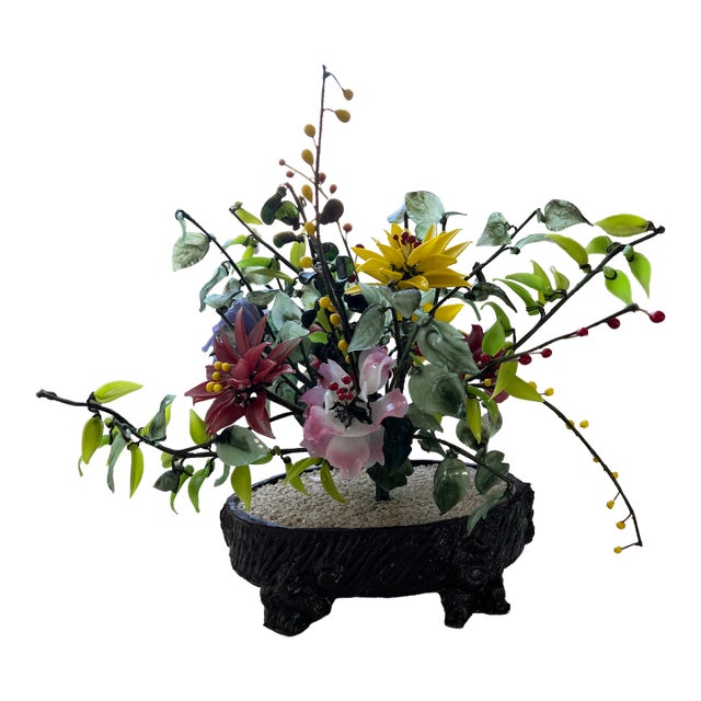 Mid Century Gemstone & Jade Floral Arrangement For Sale