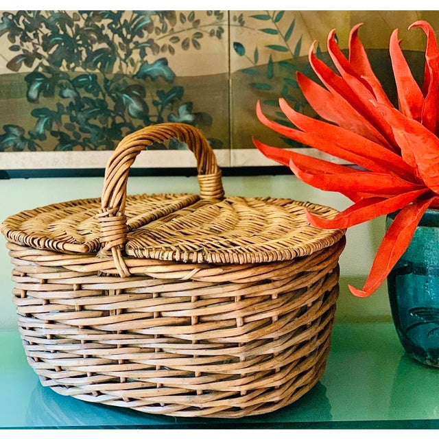 Large Vintage French Provençal Rattan Wicker Picnic Basket With Woven Handle, Leather Straps, and Double Hinged Lid,...