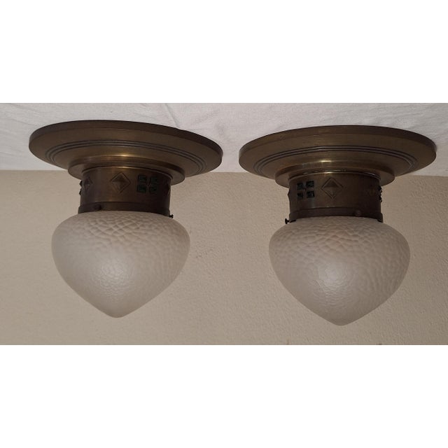 Antique German Art Nouveau Ceiling Lamps from Around 1900 with Elaborate Brass Mounting and Original Frosted Relief Glass...