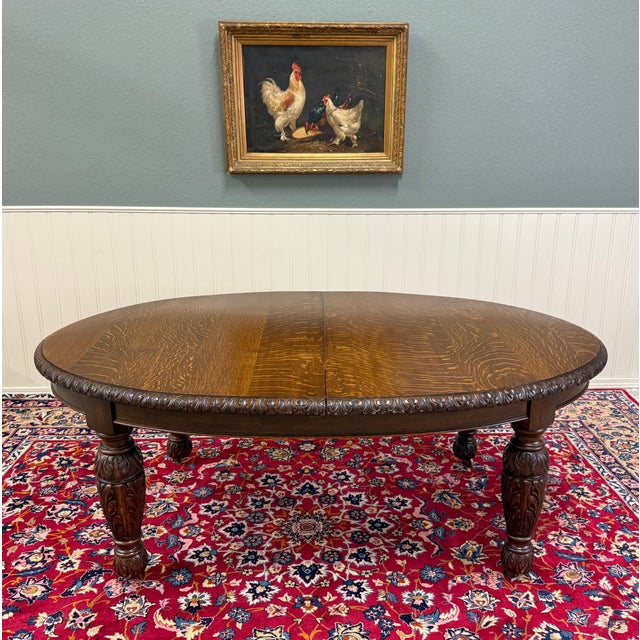 English Antique English Butterfly Leaf Oval Carved Dining Table 118" Tiger Oak C1920-30s For Sale - Image 3 of 17