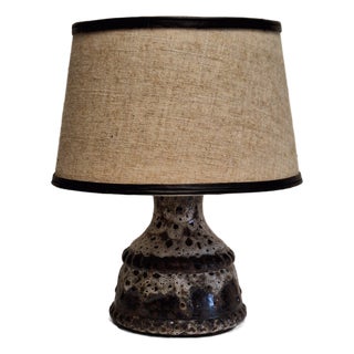 Vintage Pan Table Lamp with Fat Lava Brown Ceramic Base and Beige Fabric Shade, 1970s For Sale