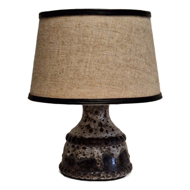 Vintage Pan Table Lamp with Fat Lava Brown Ceramic Base and Beige Fabric Shade, 1970s For Sale