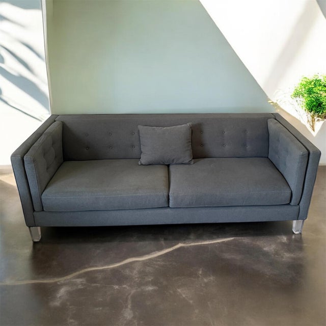 Modern Grey Tufted Sofa With Acrylic Legs – For Sale - Image 10 of 10