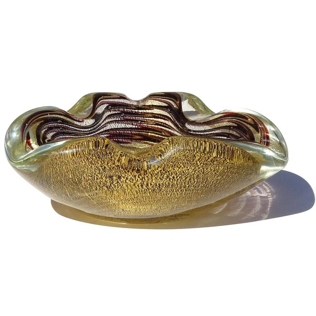 Murano Murano Dark Purple Swirling Pattern Heavy Gold Flecks Vintage Italian Art Glass Bowl Catchall Ashtray For Sale - Image 4 of 11