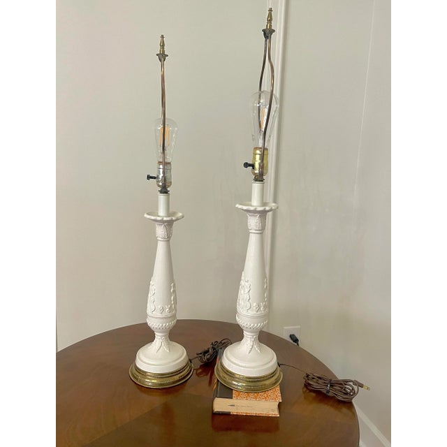 A Pair of Neoclassical Revival Porcelain, Ceramic & Bras Table Lamps For Sale - Image 4 of 12