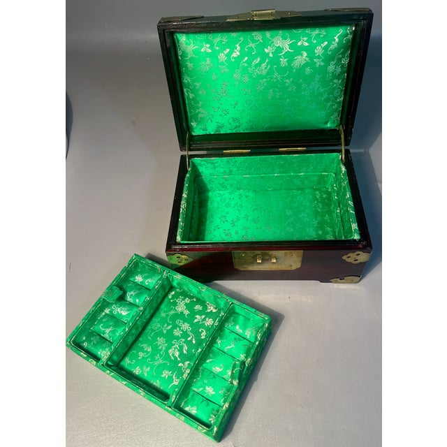 1950s Rosewood Jewelry Box Brass Mounts Shanghai China Silk Brocade Lined For Sale - Image 5 of 9