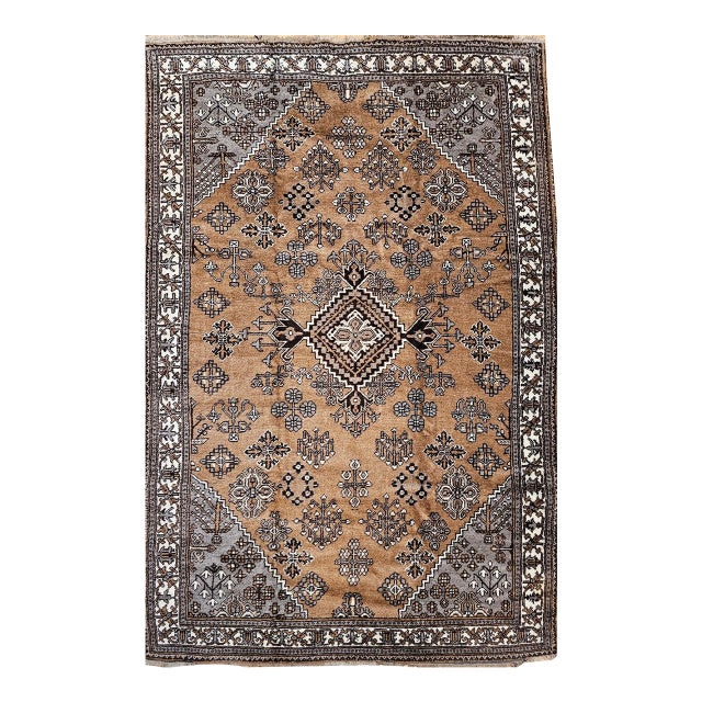 Vintage Persian Bakhtiari Rug, Hand-Knotted Wool, Allover Geometric Pattern, Camelhair & Ivory, 8x11 For Sale