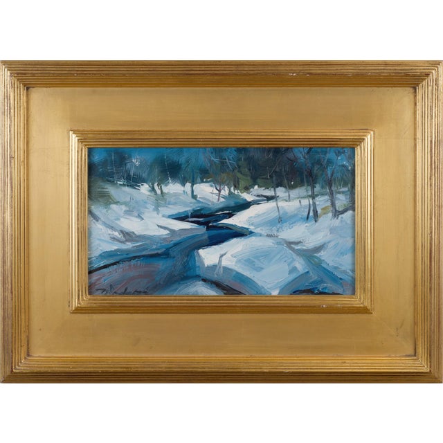 This oil on board painting captures a serene winter landscape, where a winding stream cuts through a blanket of snow. The...