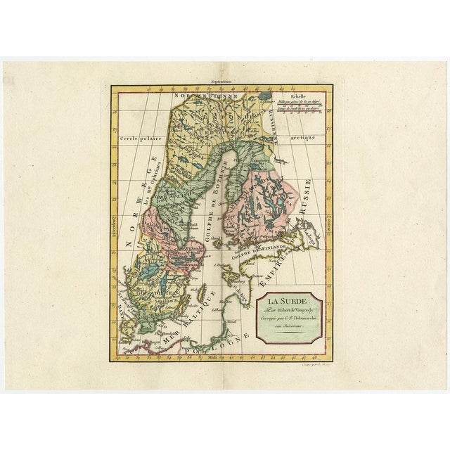 Antique map titled 'La Suede.' Decorative map of Sweden and part of Finland by Robert de Vaugondy, revised and published...